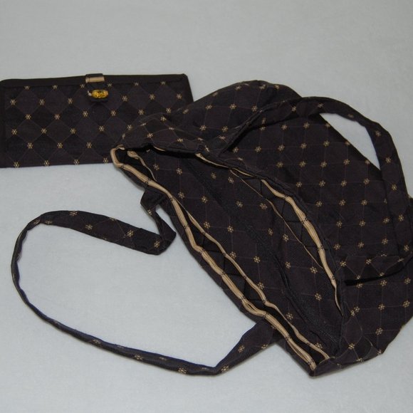 NEW Handmade Bag with Wallet, Size M, Navy Black with Tan Flower Pattern - Picture 6 of 11
